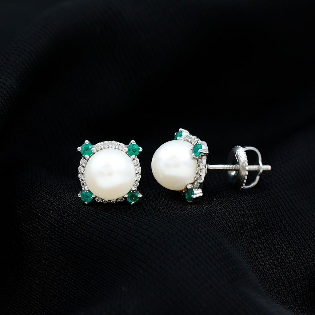 6 Carat Freshwater Pearl Bridal Stud Earrings with Emerald