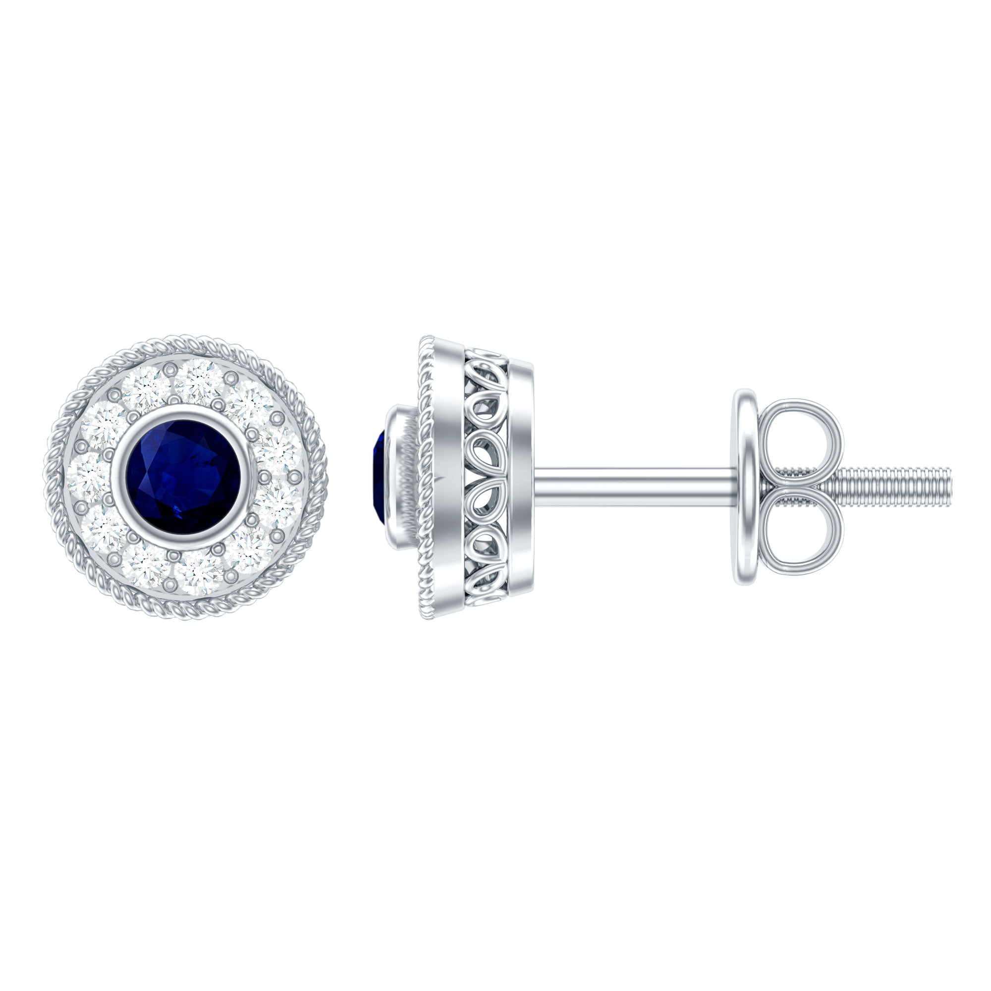 Antique Blue Sapphire and Diamond Halo Stud Earrings