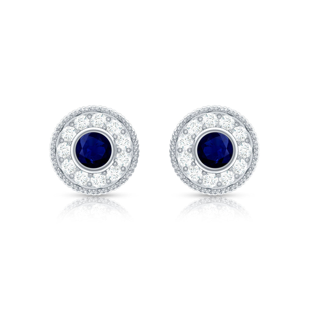 Antique Blue Sapphire and Diamond Halo Stud Earrings