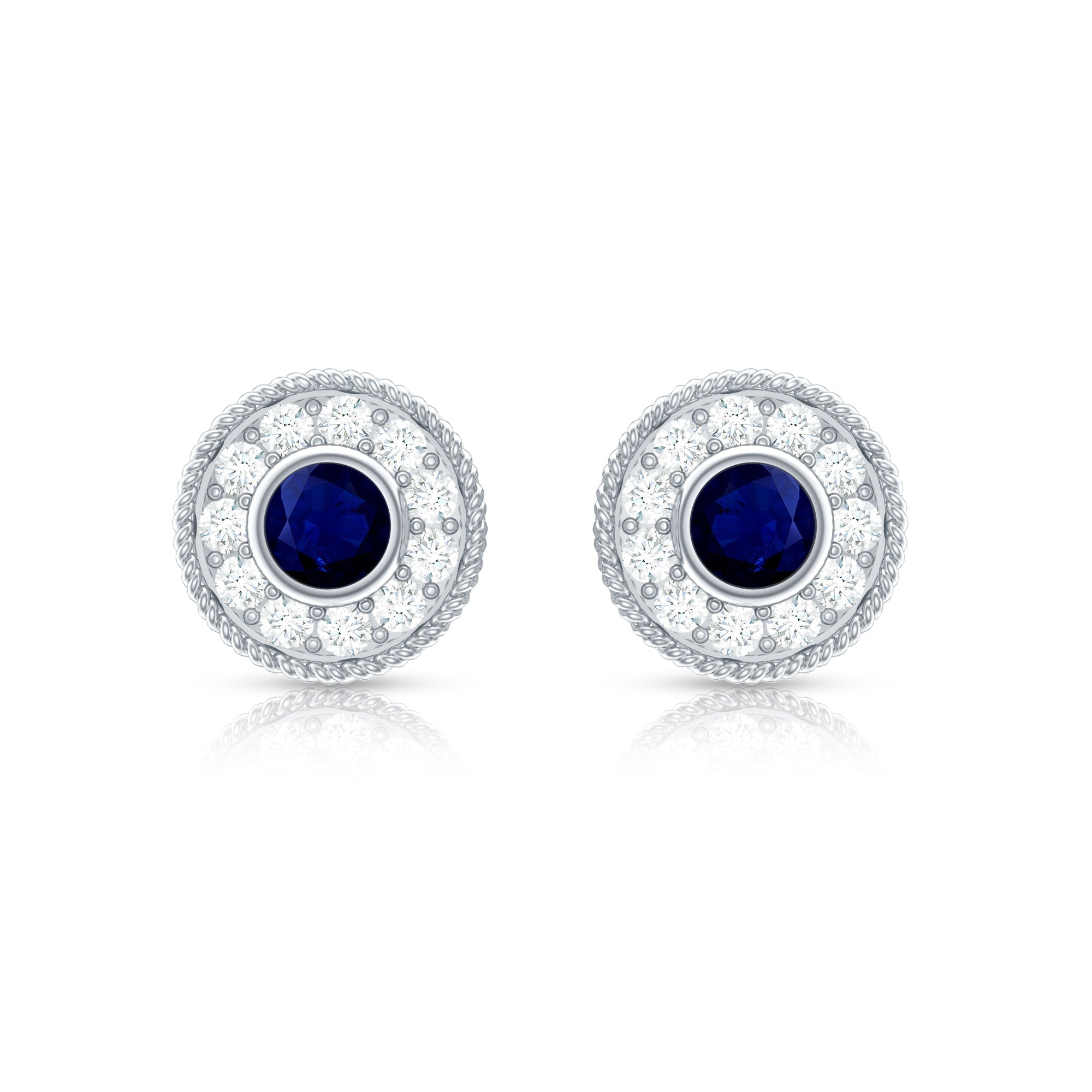 Antique Blue Sapphire and Diamond Halo Stud Earrings