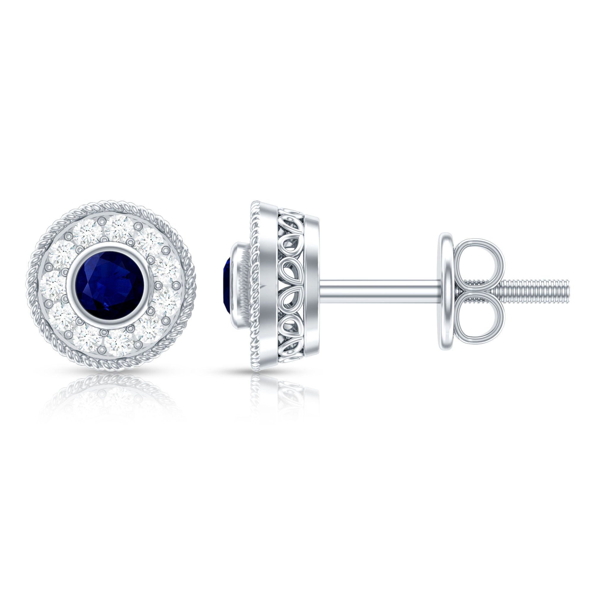 Antique Blue Sapphire and Diamond Halo Stud Earrings