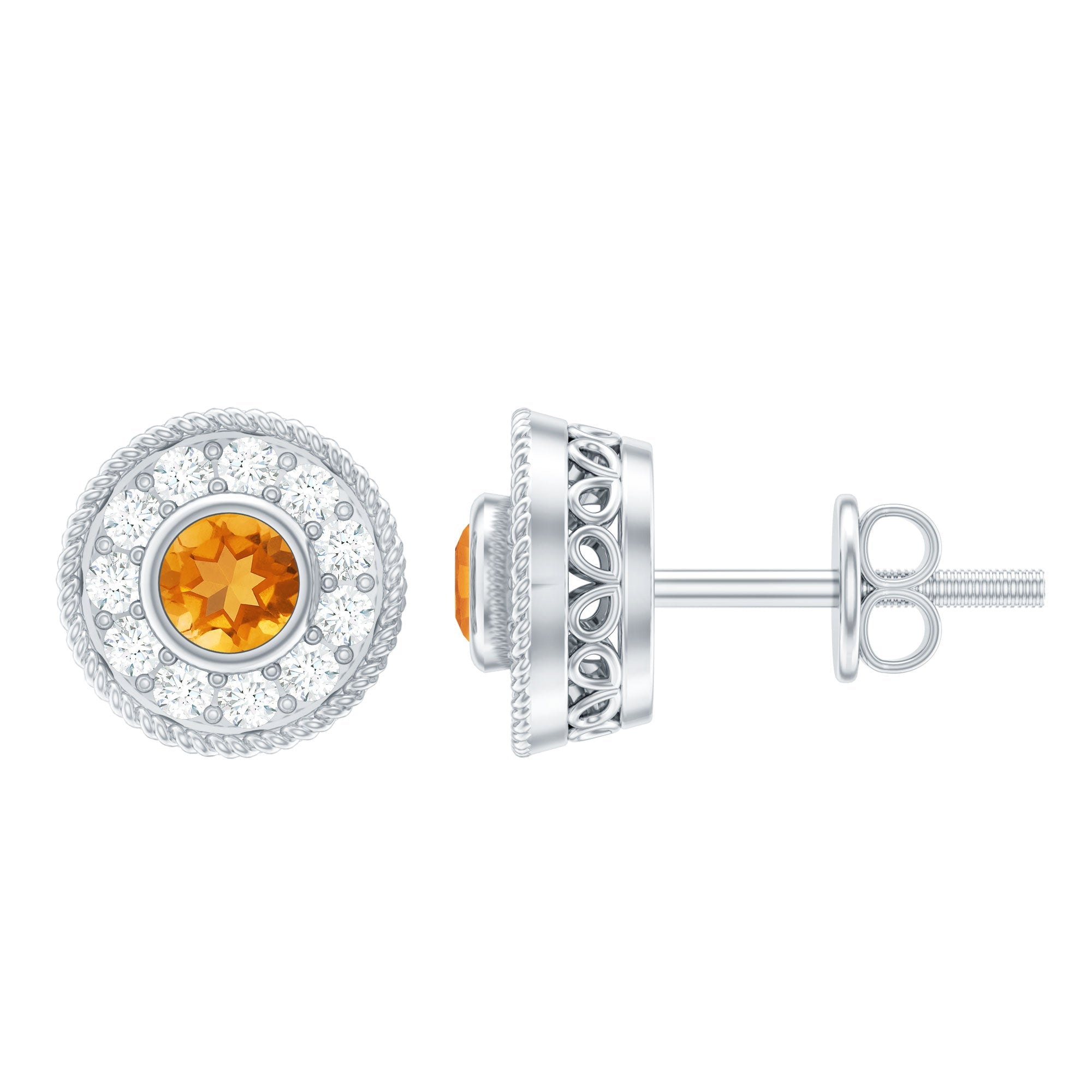 Round Citrine Halo Stud Earrings with Diamonds