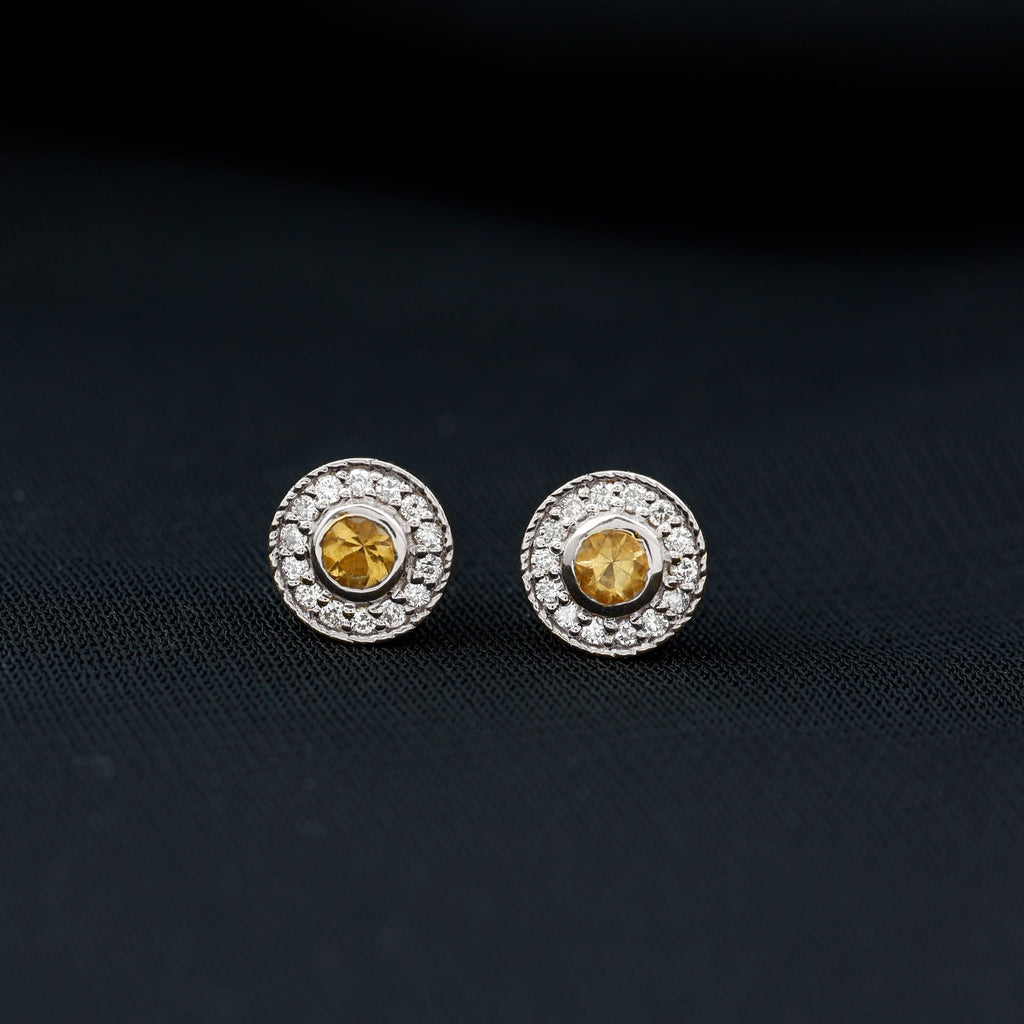 Round Citrine Halo Stud Earrings with Diamonds