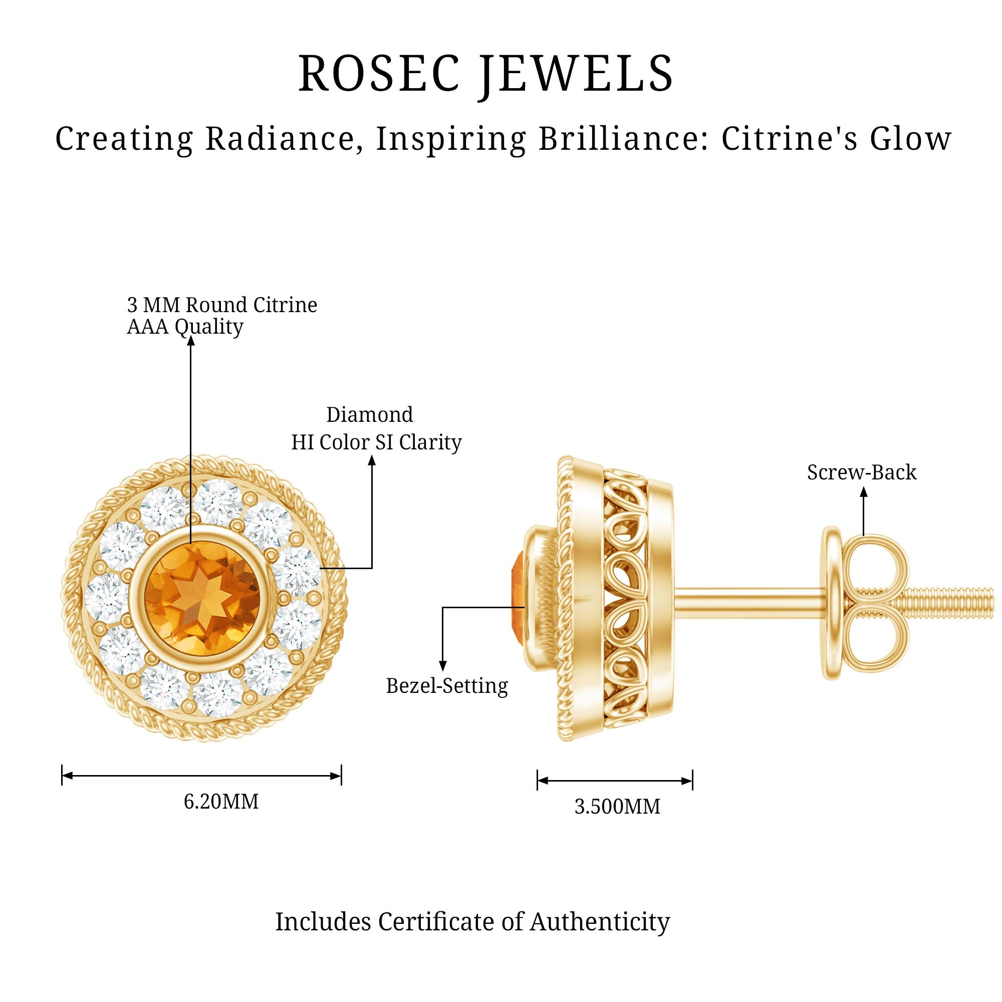 Round Citrine Halo Stud Earrings with Diamonds