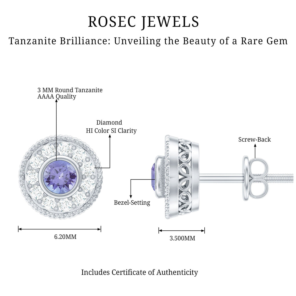 Antique Style Tanzanite and Diamond Halo Stud Earrings