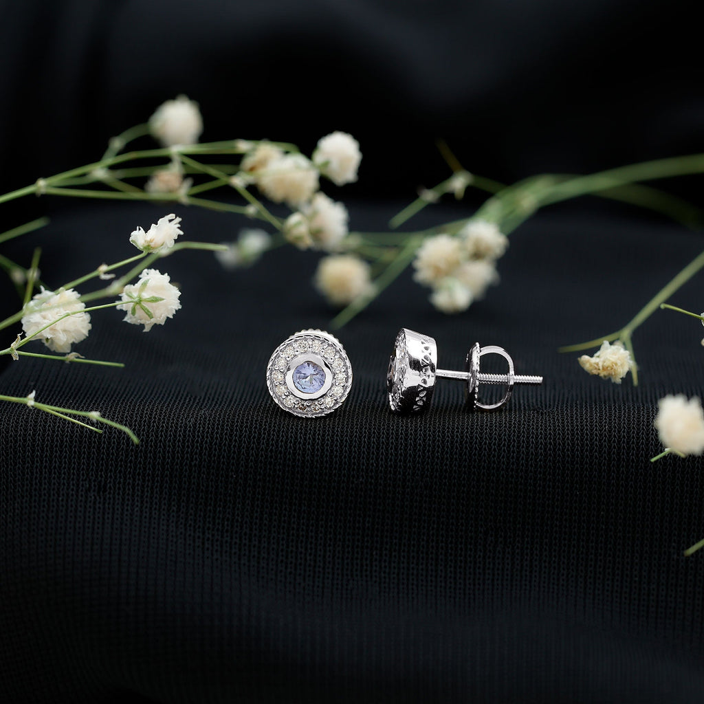 Antique Style Tanzanite and Diamond Halo Stud Earrings