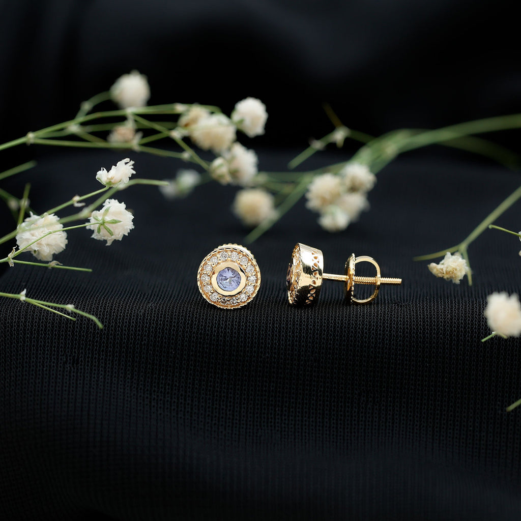 Antique Style Tanzanite and Diamond Halo Stud Earrings