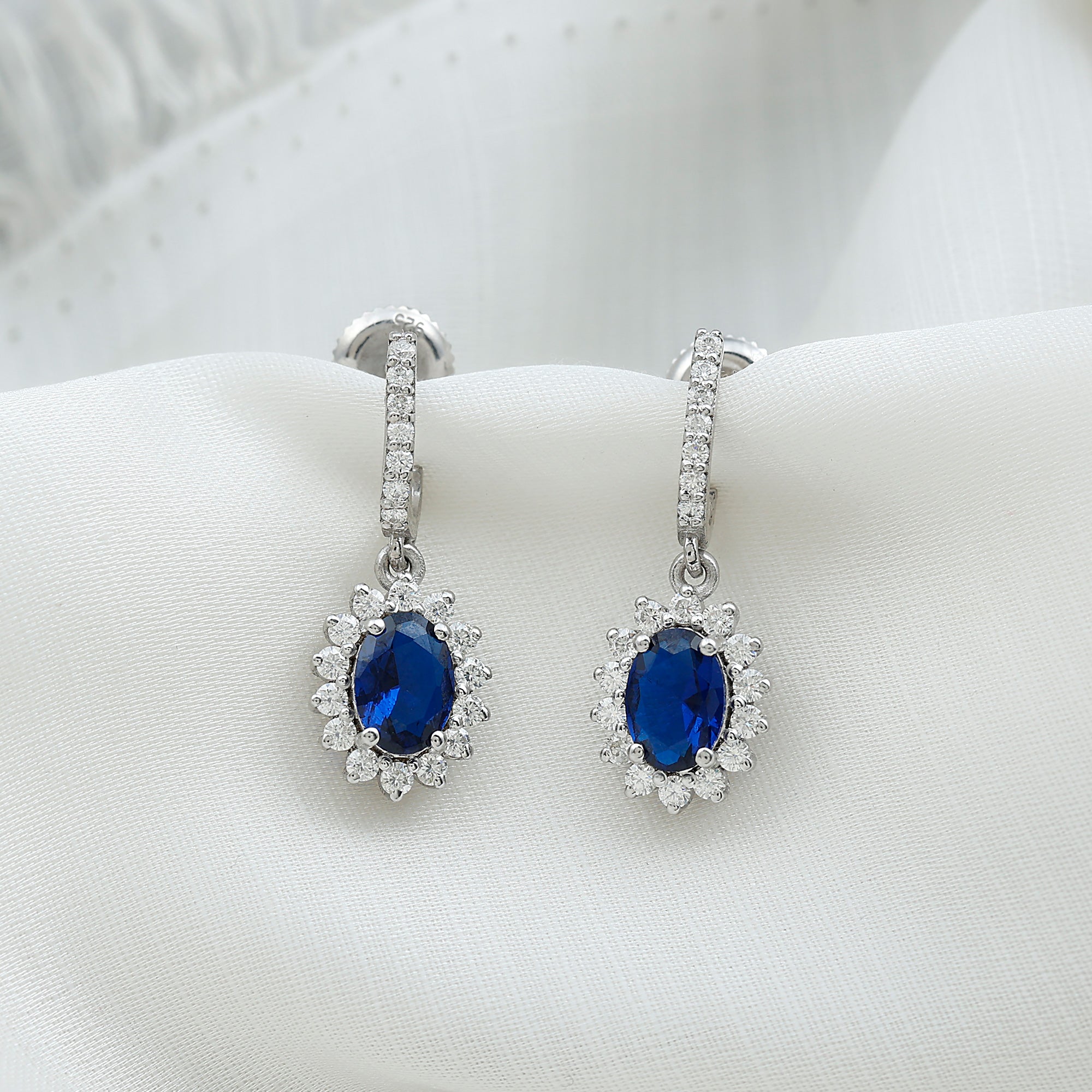 Certified Oval Lab Grown Blue Sapphire Hoop Drop Earrings with Moissanite