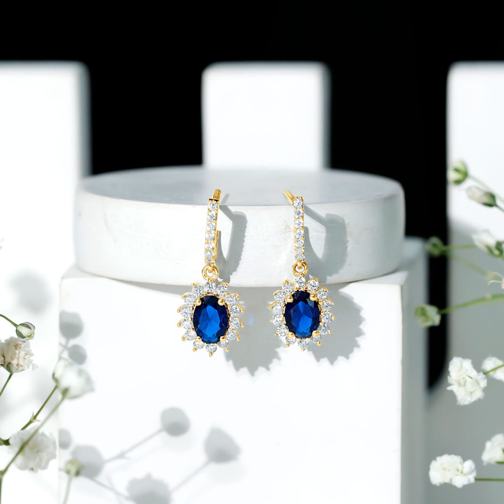 Certified Oval Lab Grown Blue Sapphire Hoop Drop Earrings with Moissanite