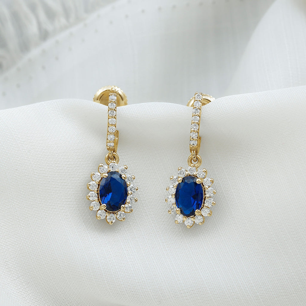 Certified Oval Lab Grown Blue Sapphire Hoop Drop Earrings with Moissanite