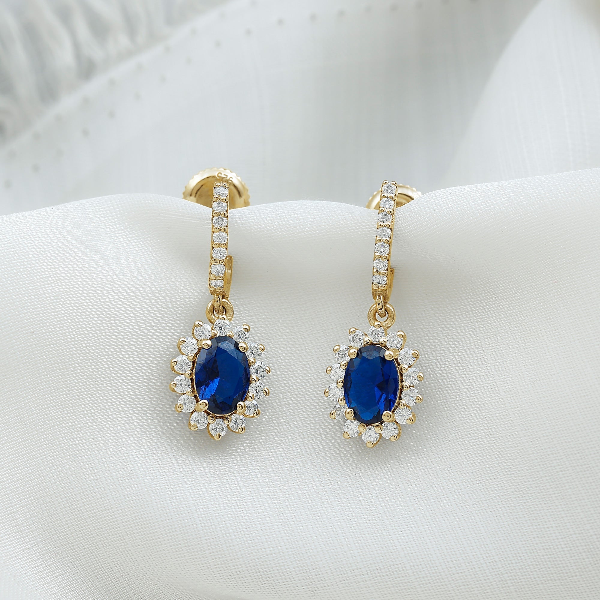 Certified Oval Lab Grown Blue Sapphire Hoop Drop Earrings with Moissanite