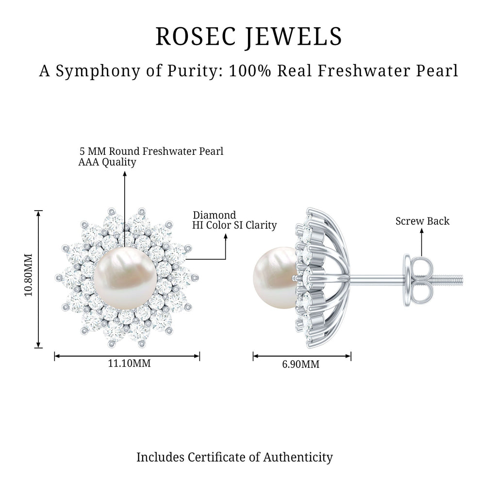 Freshwater Pearl Flower Statement Earrings with Diamond Halo