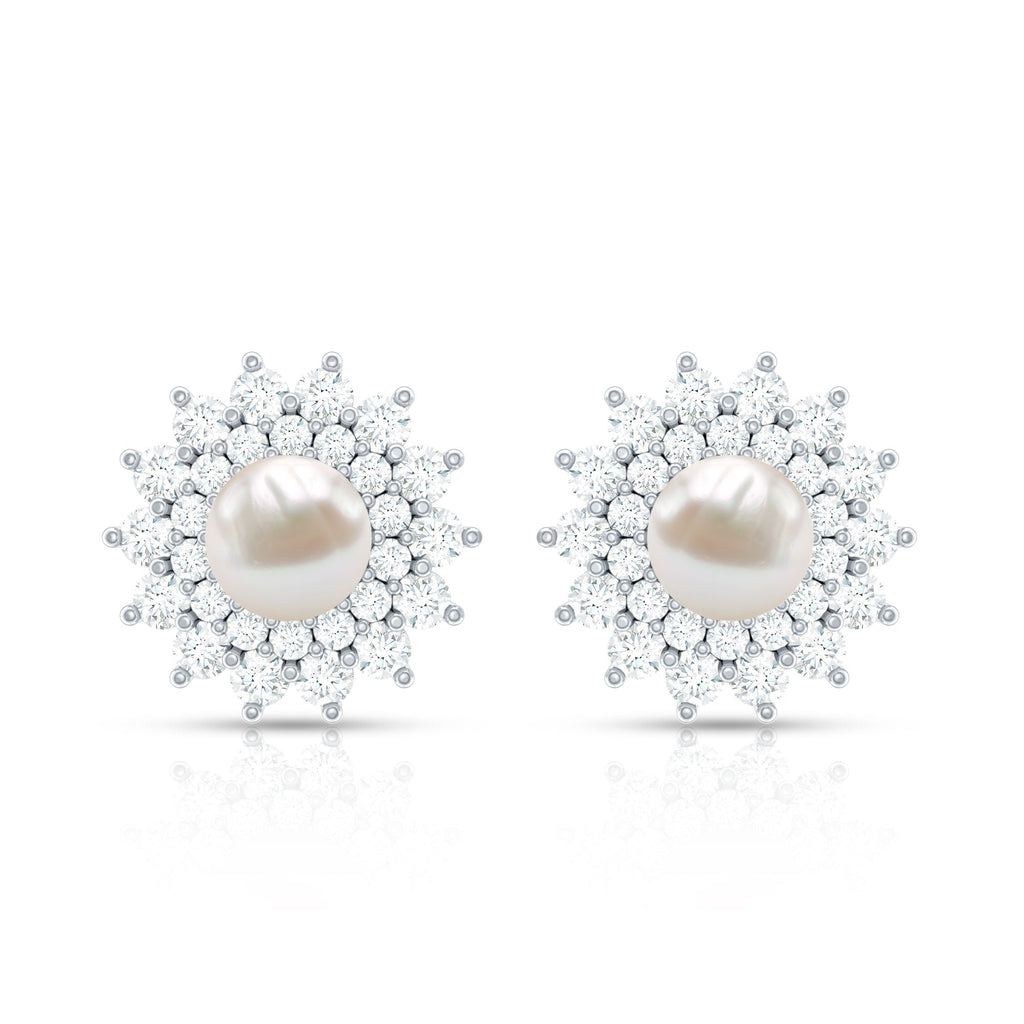 Freshwater Pearl Flower Statement Earrings with Diamond Halo
