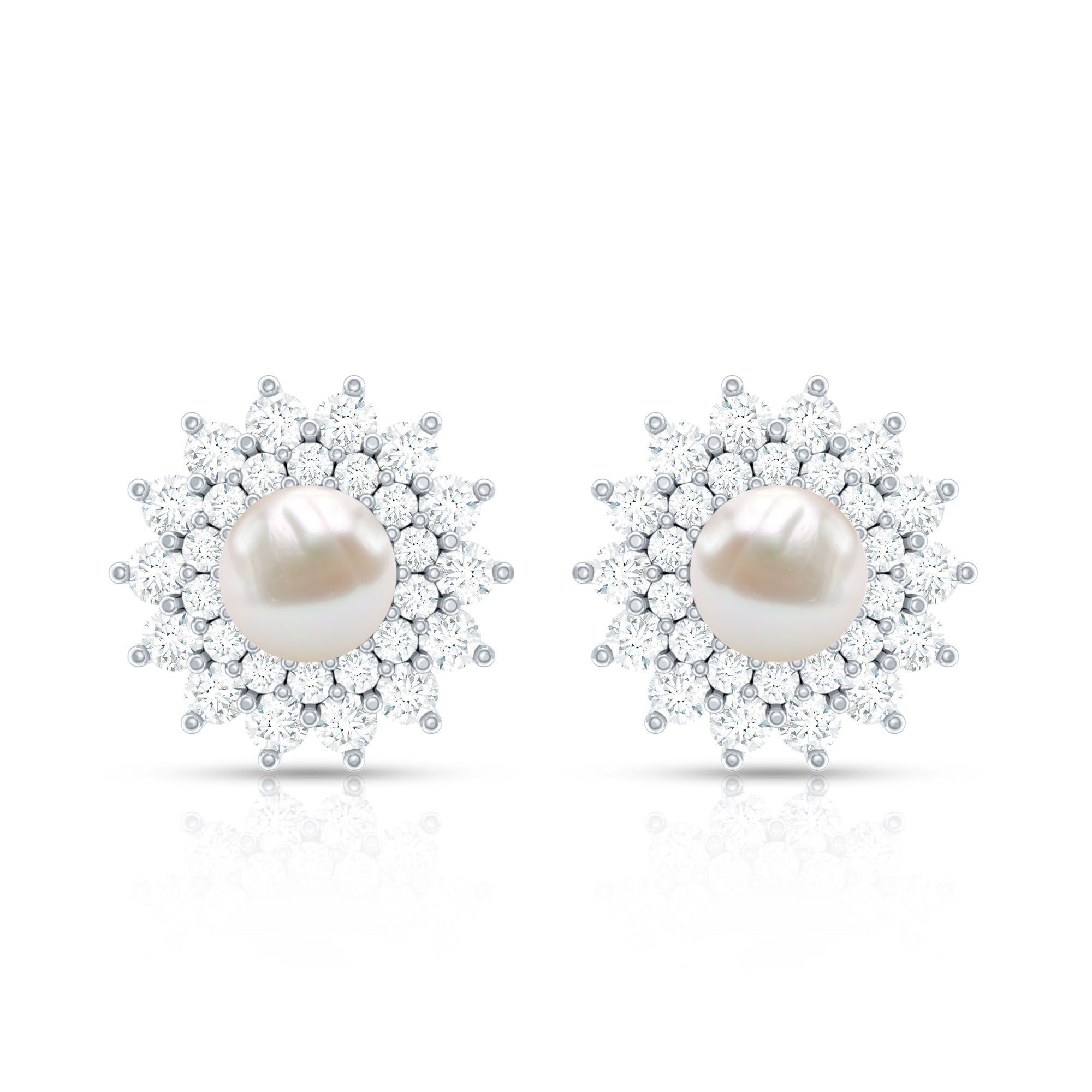 Freshwater Pearl Flower Statement Earrings with Diamond Halo