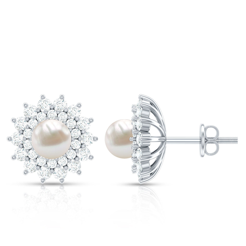 Freshwater Pearl Flower Statement Earrings with Diamond Halo