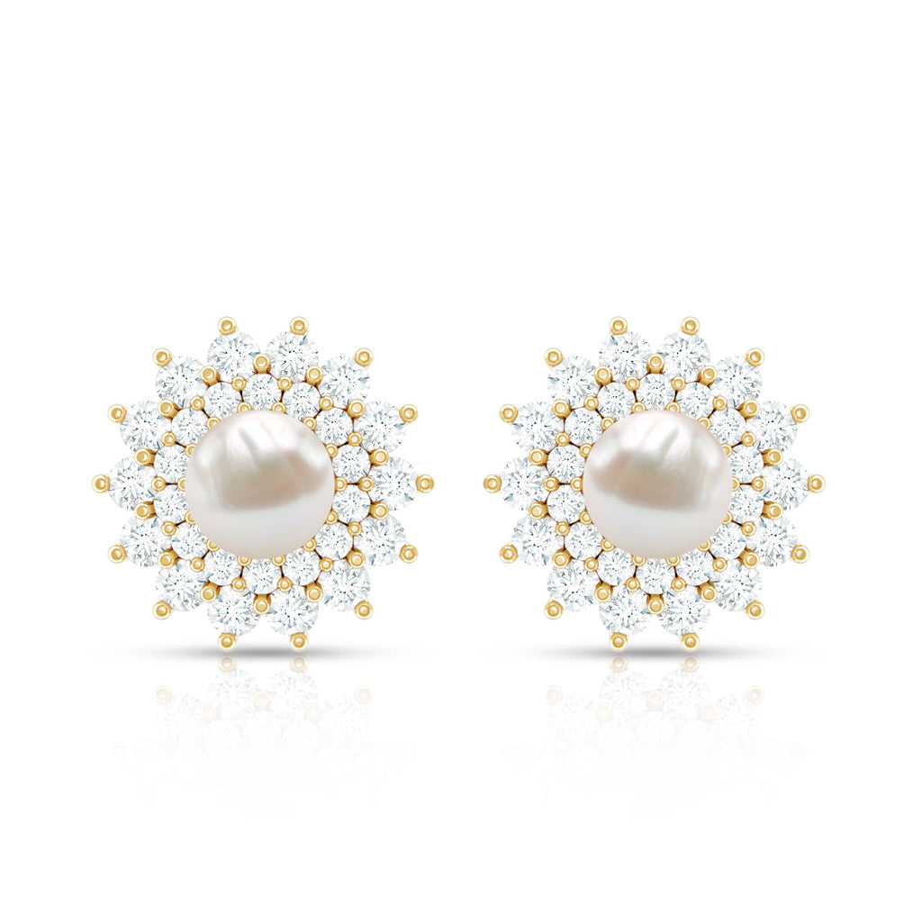 Freshwater Pearl Flower Statement Earrings with Diamond Halo