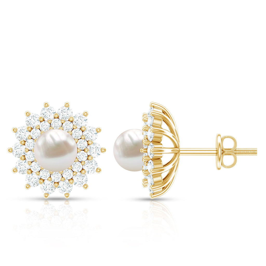 Freshwater Pearl Flower Statement Earrings with Diamond Halo