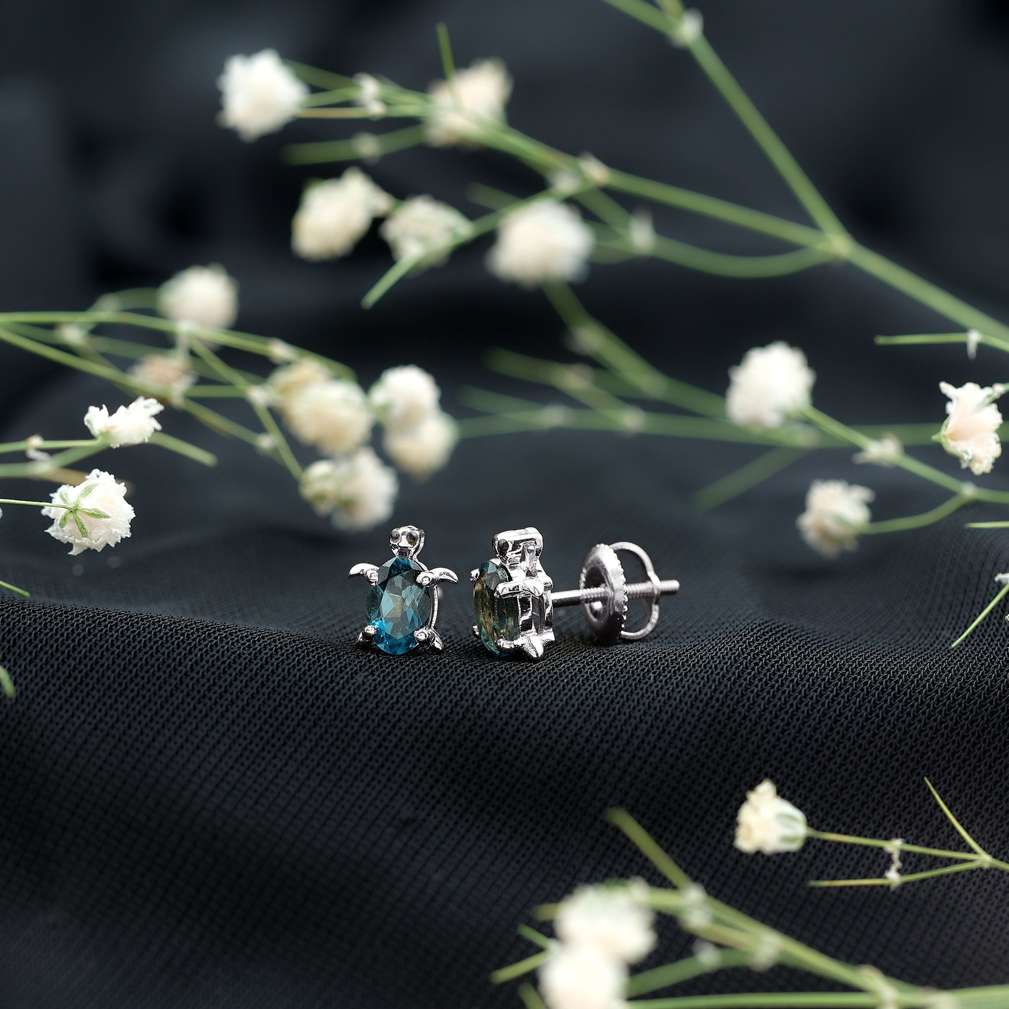 Genuine London Blue Topaz Tortoise Stud Earrings