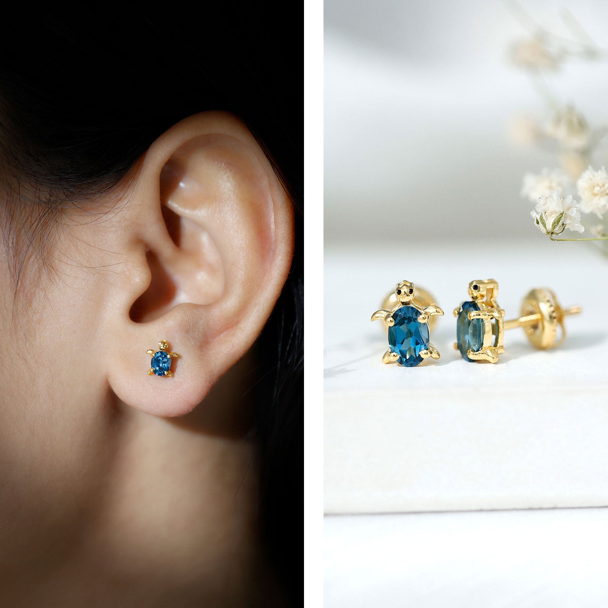 Genuine London Blue Topaz Tortoise Stud Earrings