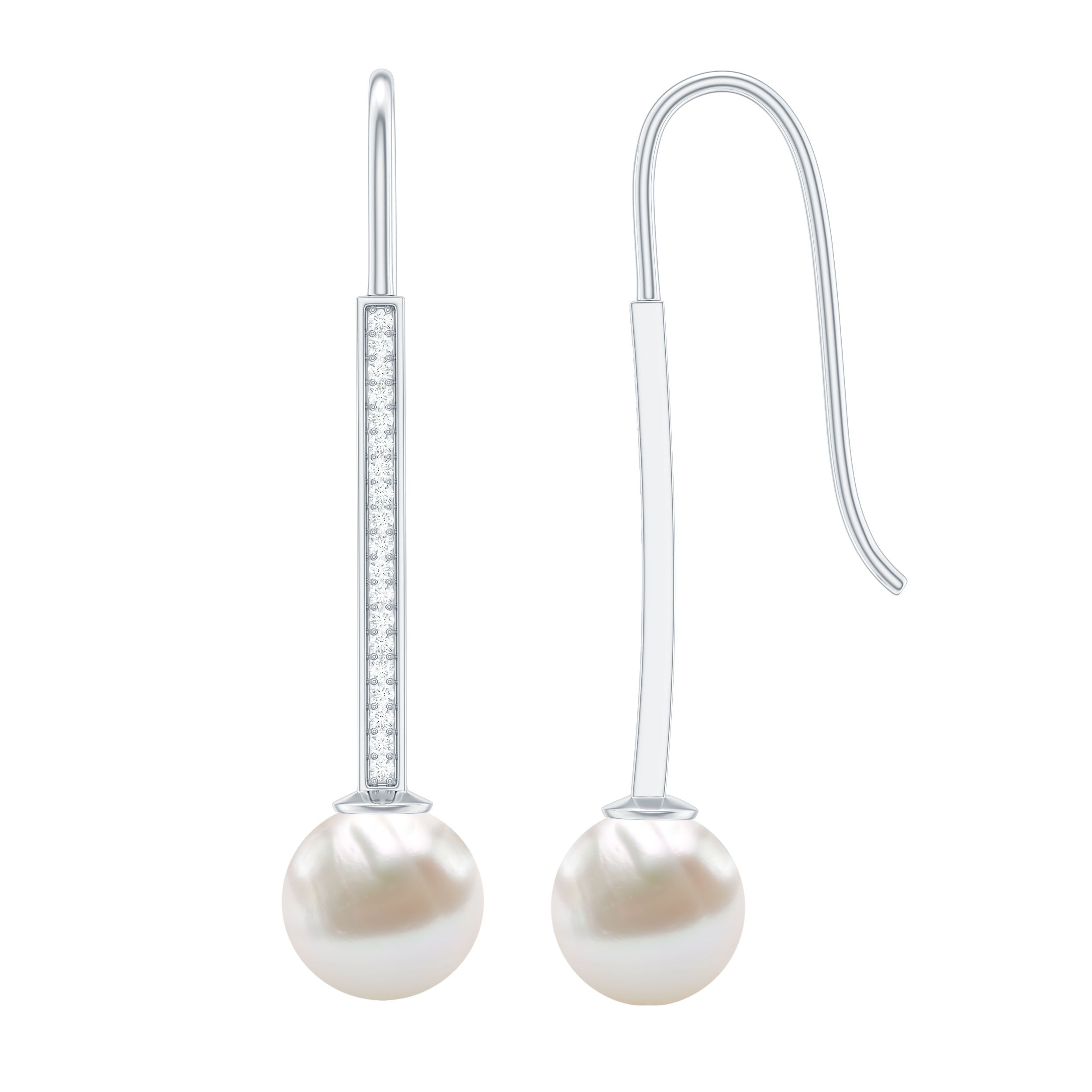 Cultured Freshwater Pearl Diamond Dangle Earrings with Fish Hook