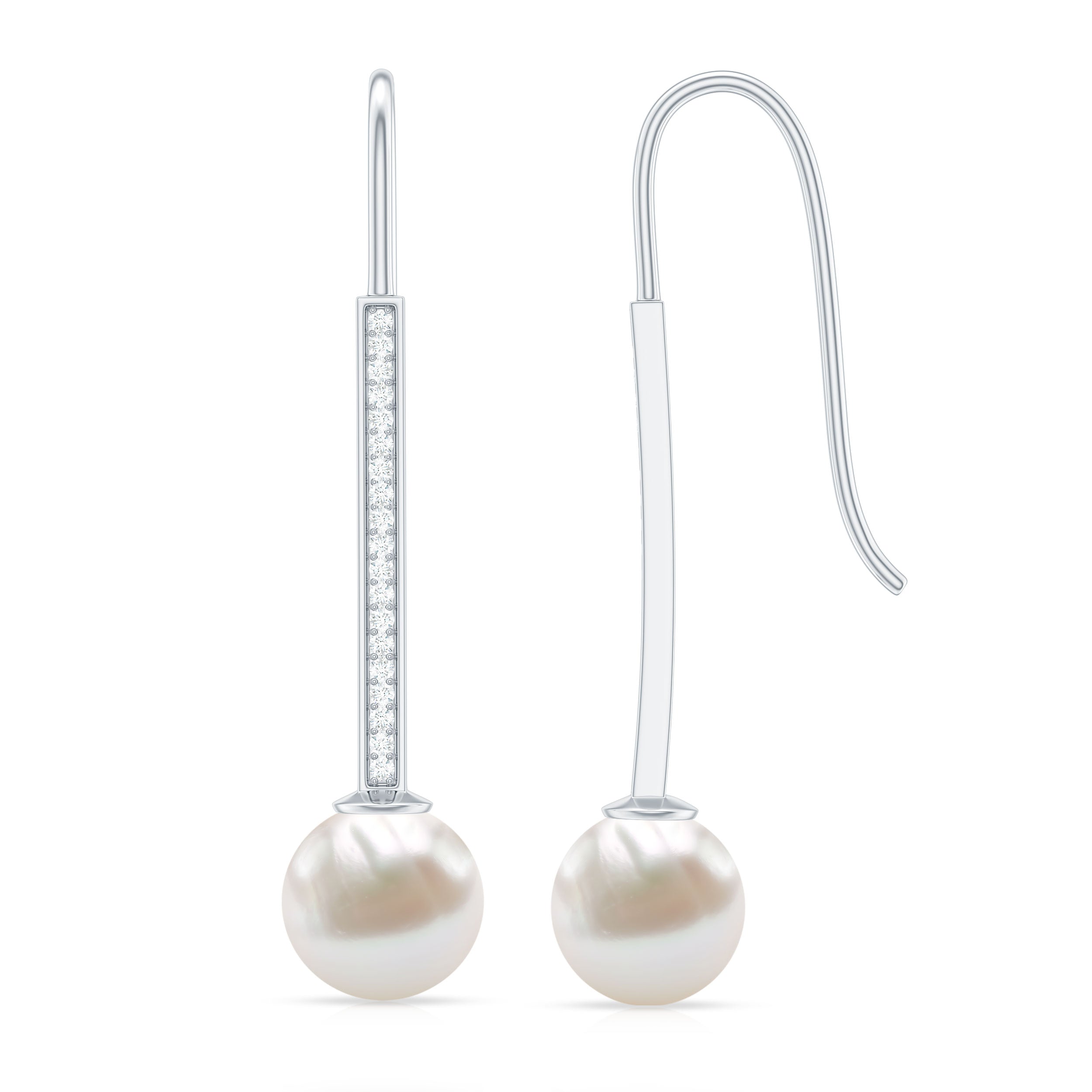 Cultured Freshwater Pearl Diamond Dangle Earrings with Fish Hook