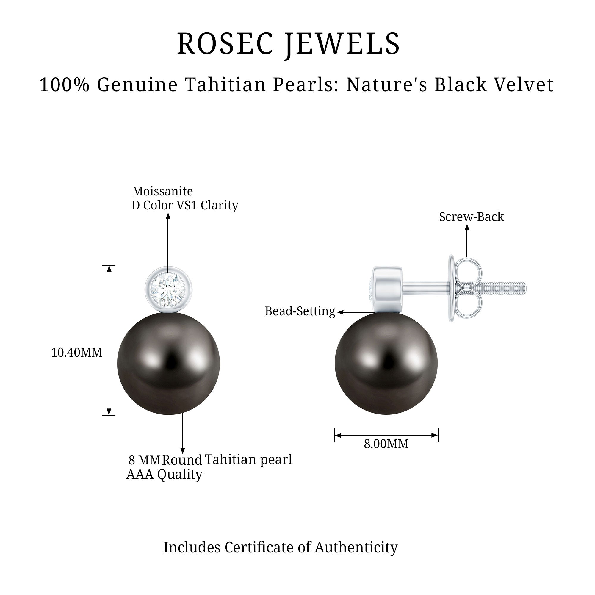 Genuine Tahitian Black Pearl Stud Earrings For Women