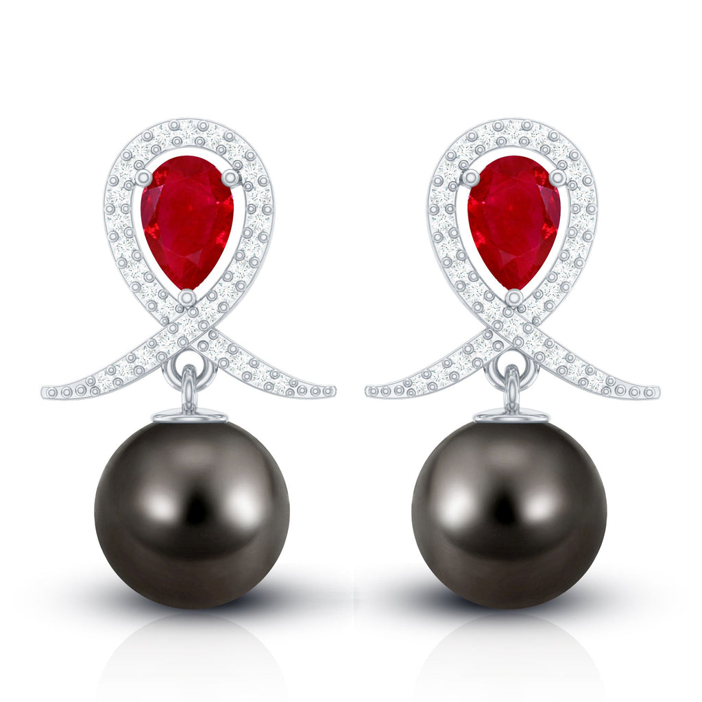 Vintage Style Tahitian Black Pearl Bridal Earrings with Ruby