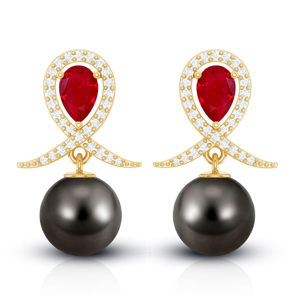 Vintage Style Tahitian Black Pearl Bridal Earrings with Ruby