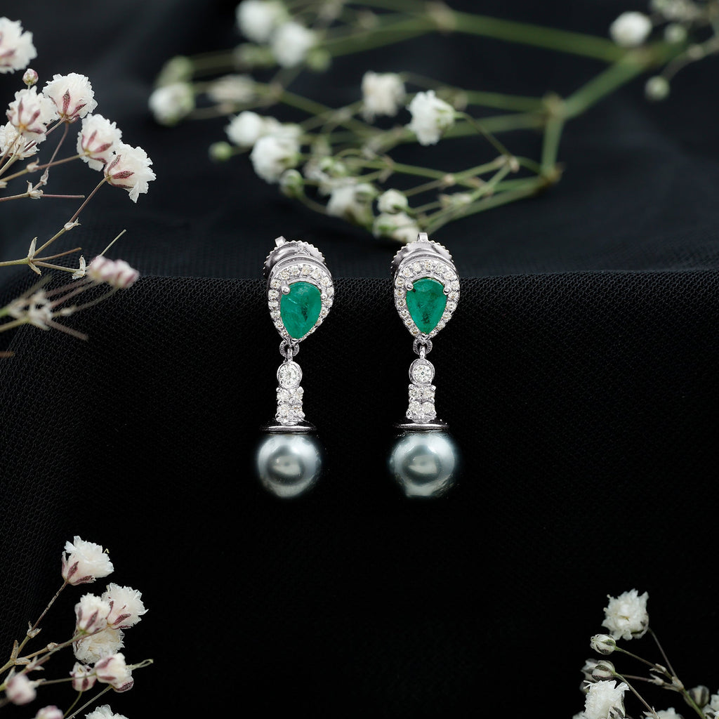 Genuine Black Pearl Wedding Earrings with Emerald and Diamond