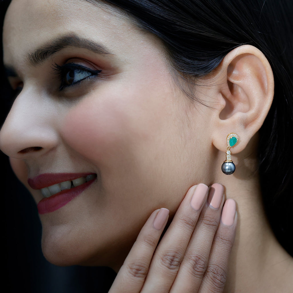 Genuine Black Pearl Wedding Earrings with Emerald and Diamond