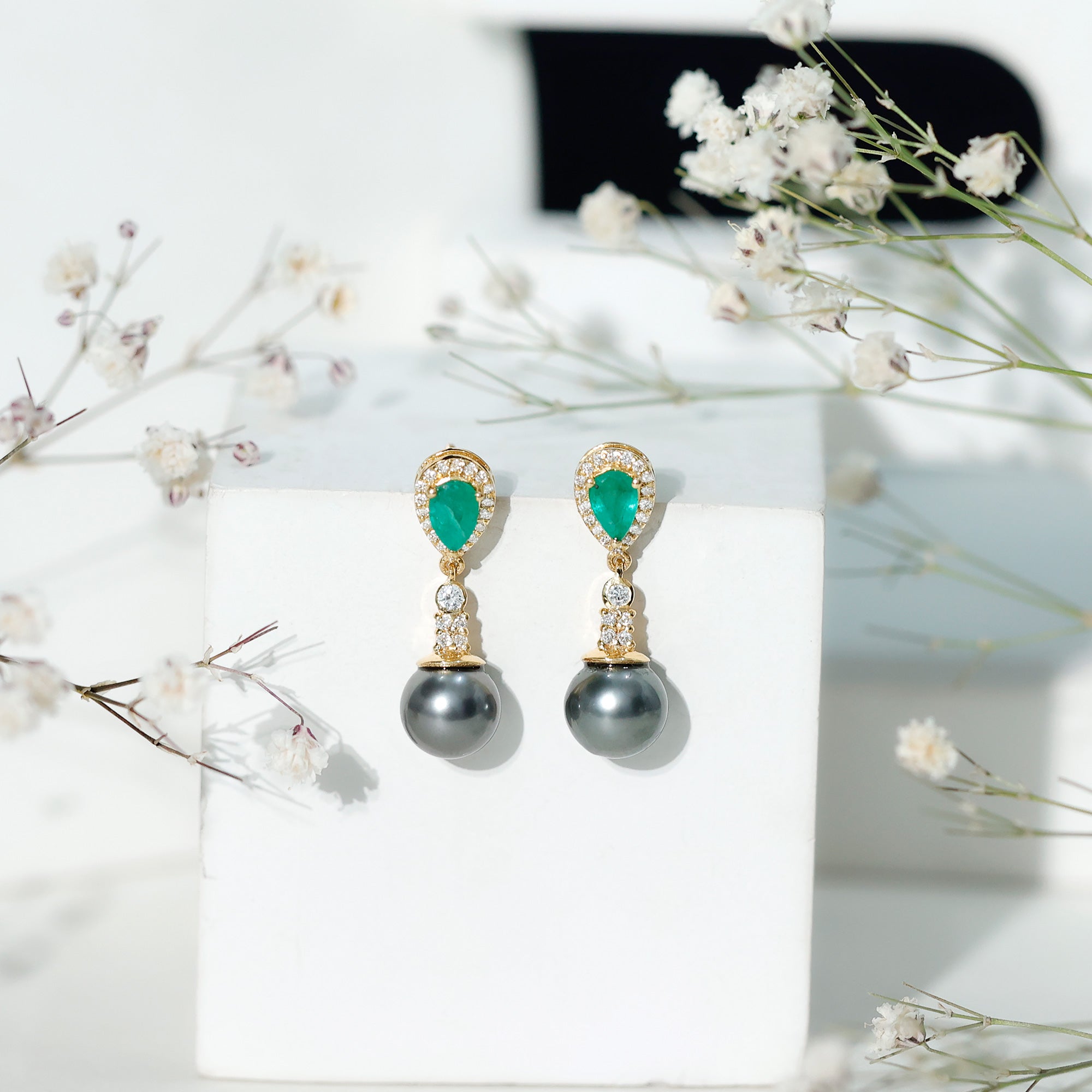 Genuine Black Pearl Wedding Earrings with Emerald and Diamond