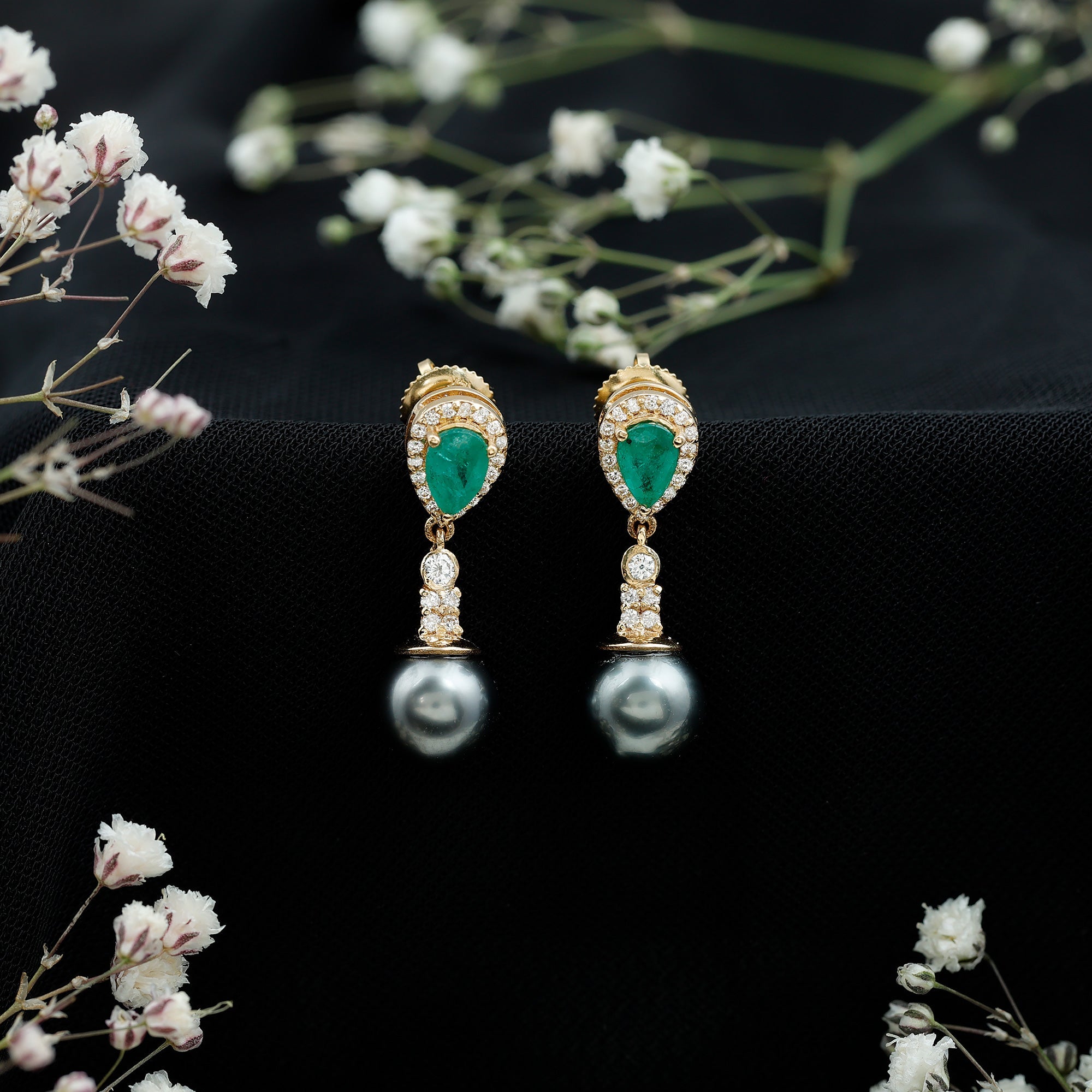 Genuine Black Pearl Wedding Earrings with Emerald and Diamond