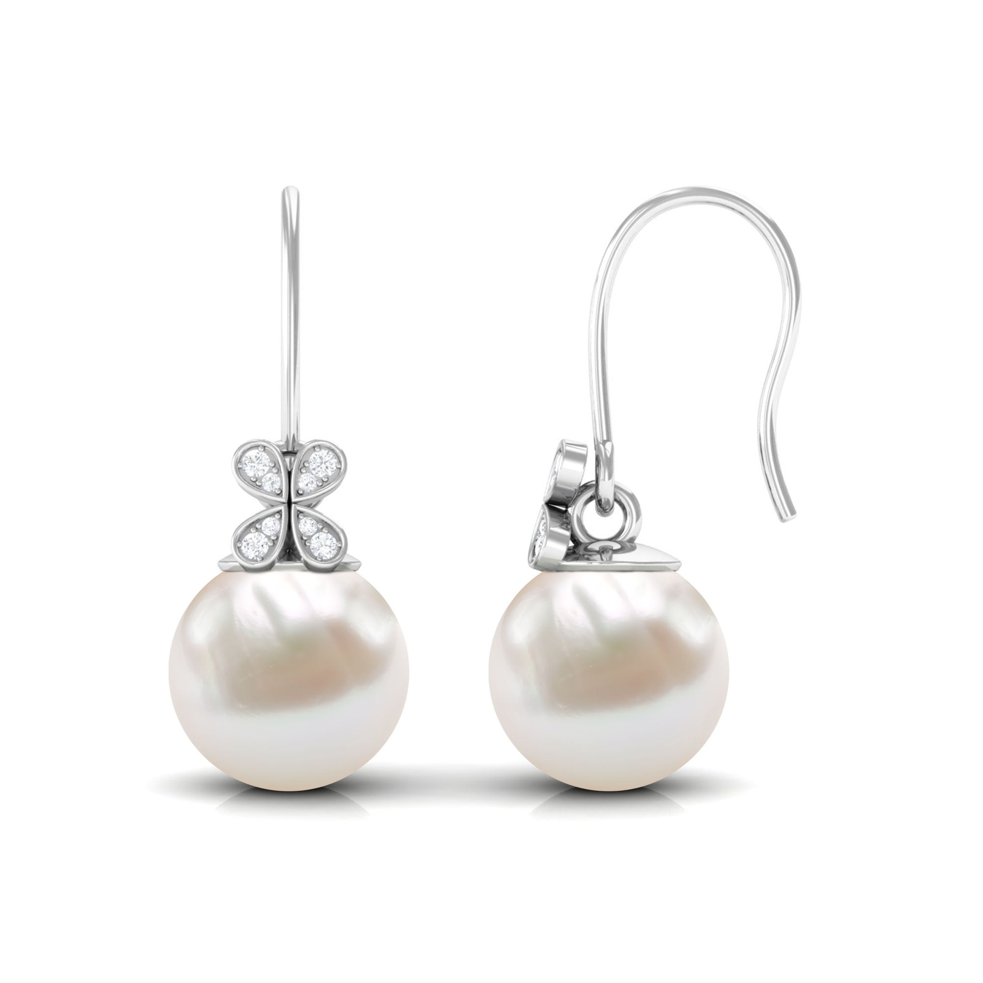 Natural Freshwater Pearl Drop Earrings with Flower Diamond