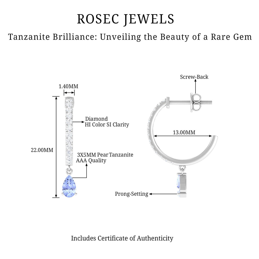 Real Tanzanite Teardrop Hoop Earrings with Diamond Accent
