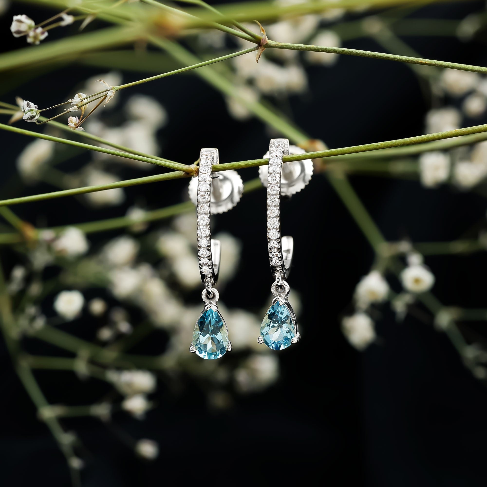 Aquamarine and Diamond Hoop Drop Earrings