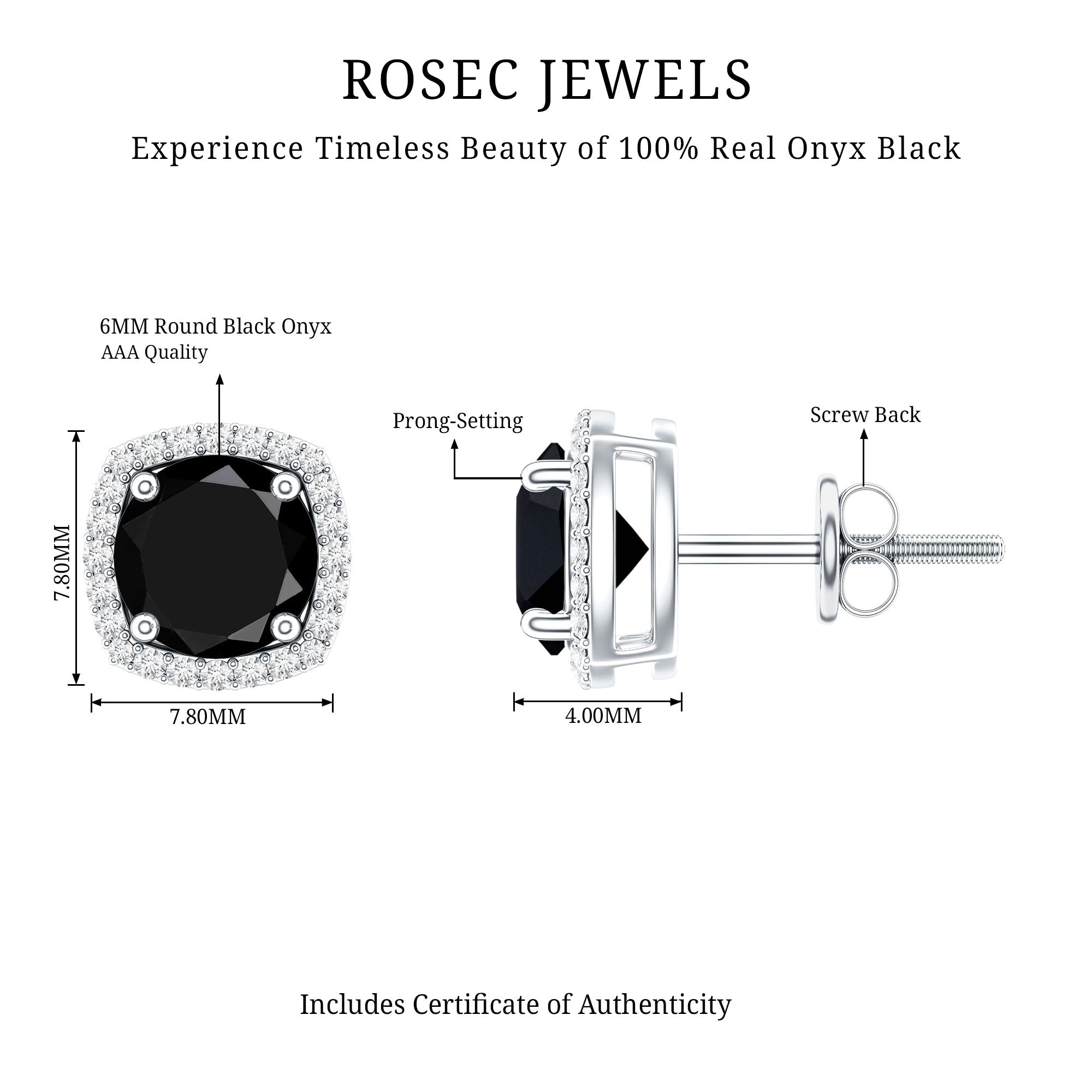 Vintage Black Onyx Stud Earrings with Diamond Halo