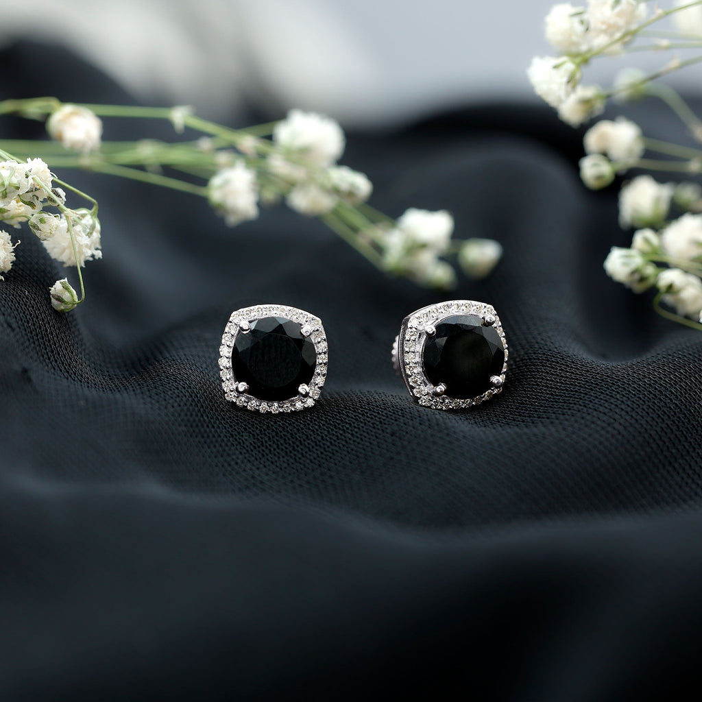 Vintage Black Onyx Stud Earrings with Diamond Halo