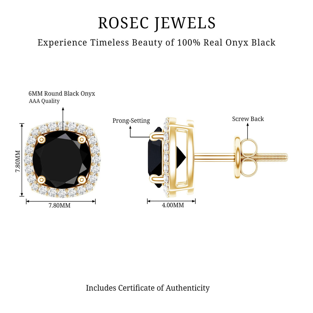 Vintage Black Onyx Stud Earrings with Diamond Halo