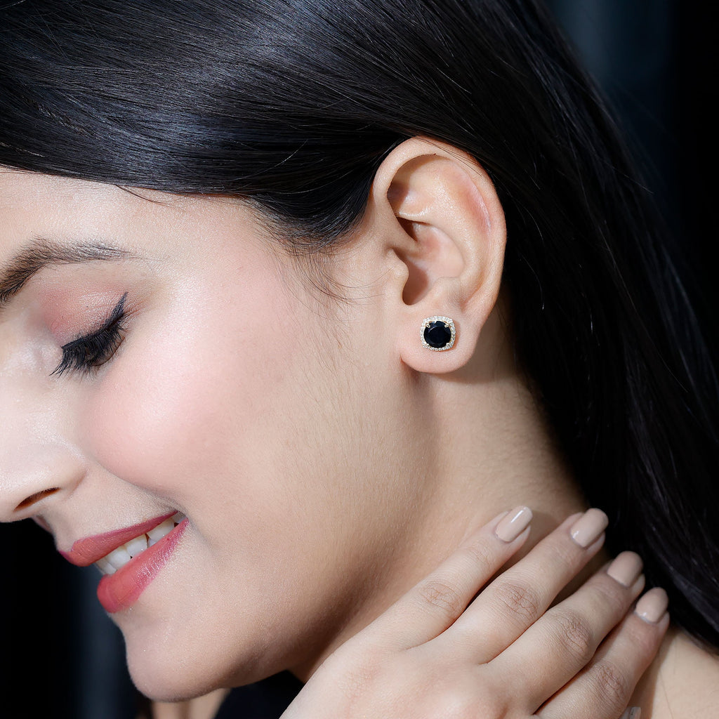 Vintage Black Onyx Stud Earrings with Diamond Halo