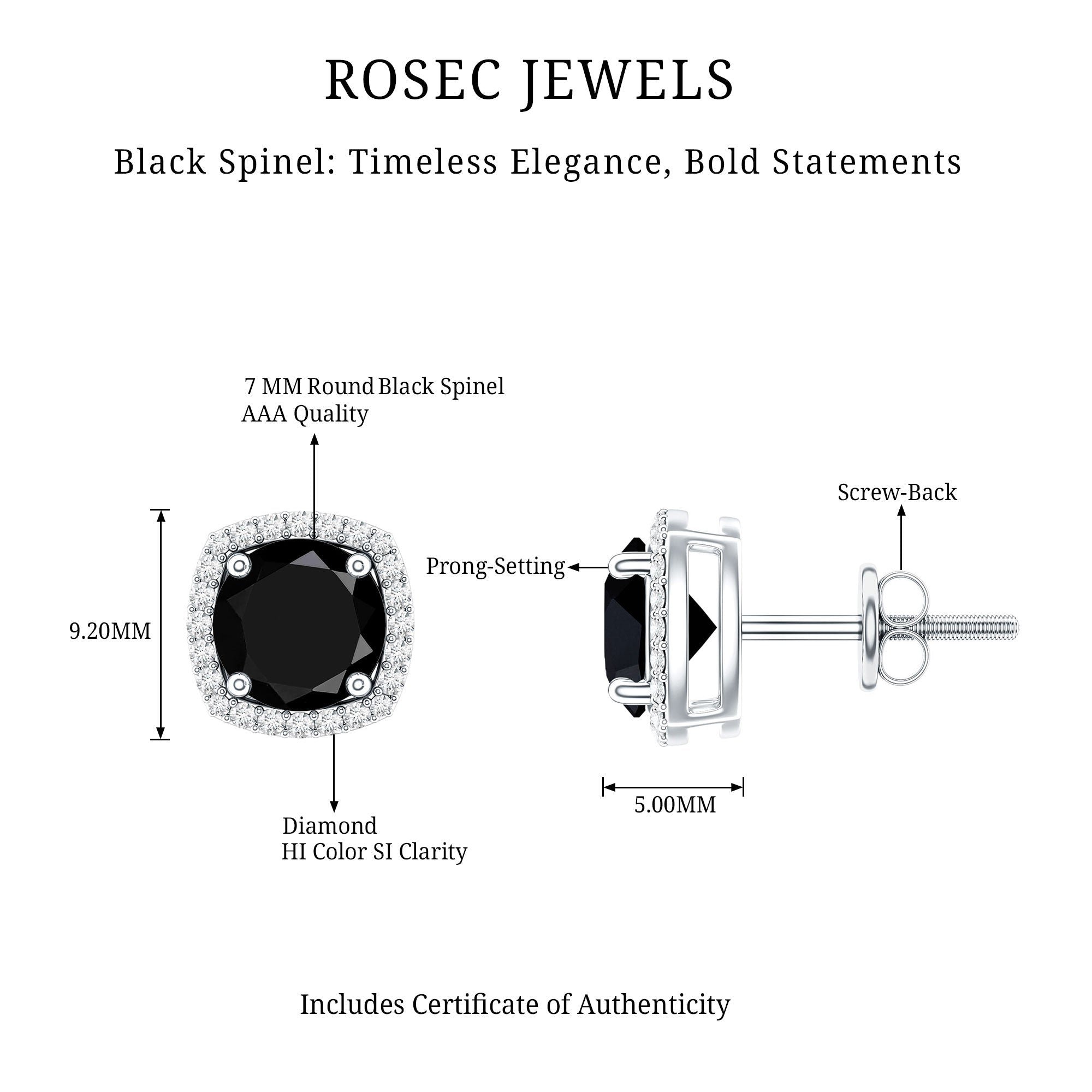 3 Carat Black Spinel Stud Earrings with Diamond Halo