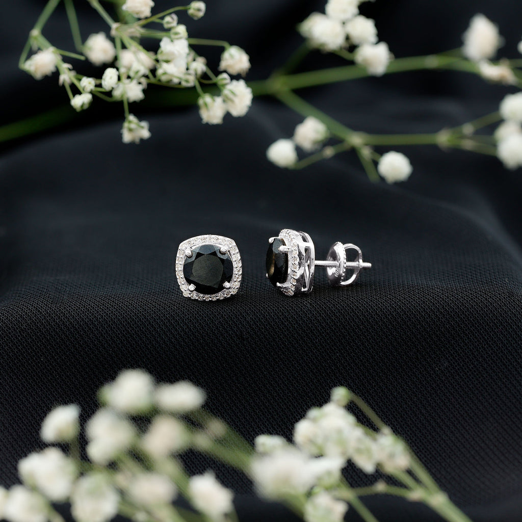 3 Carat Black Spinel Stud Earrings with Diamond Halo