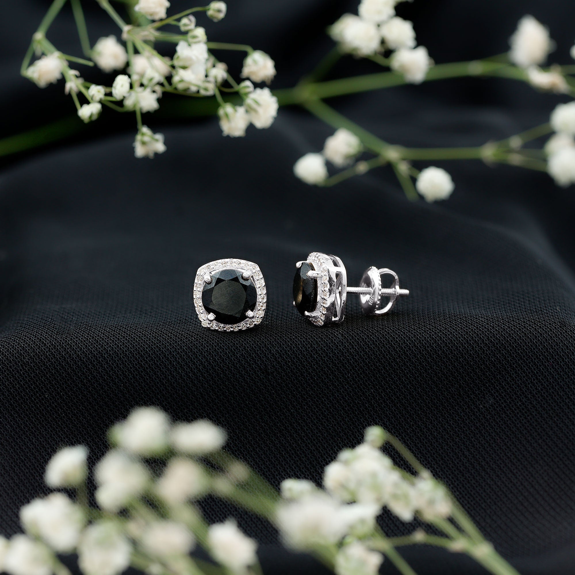 3 Carat Black Spinel Stud Earrings with Diamond Halo