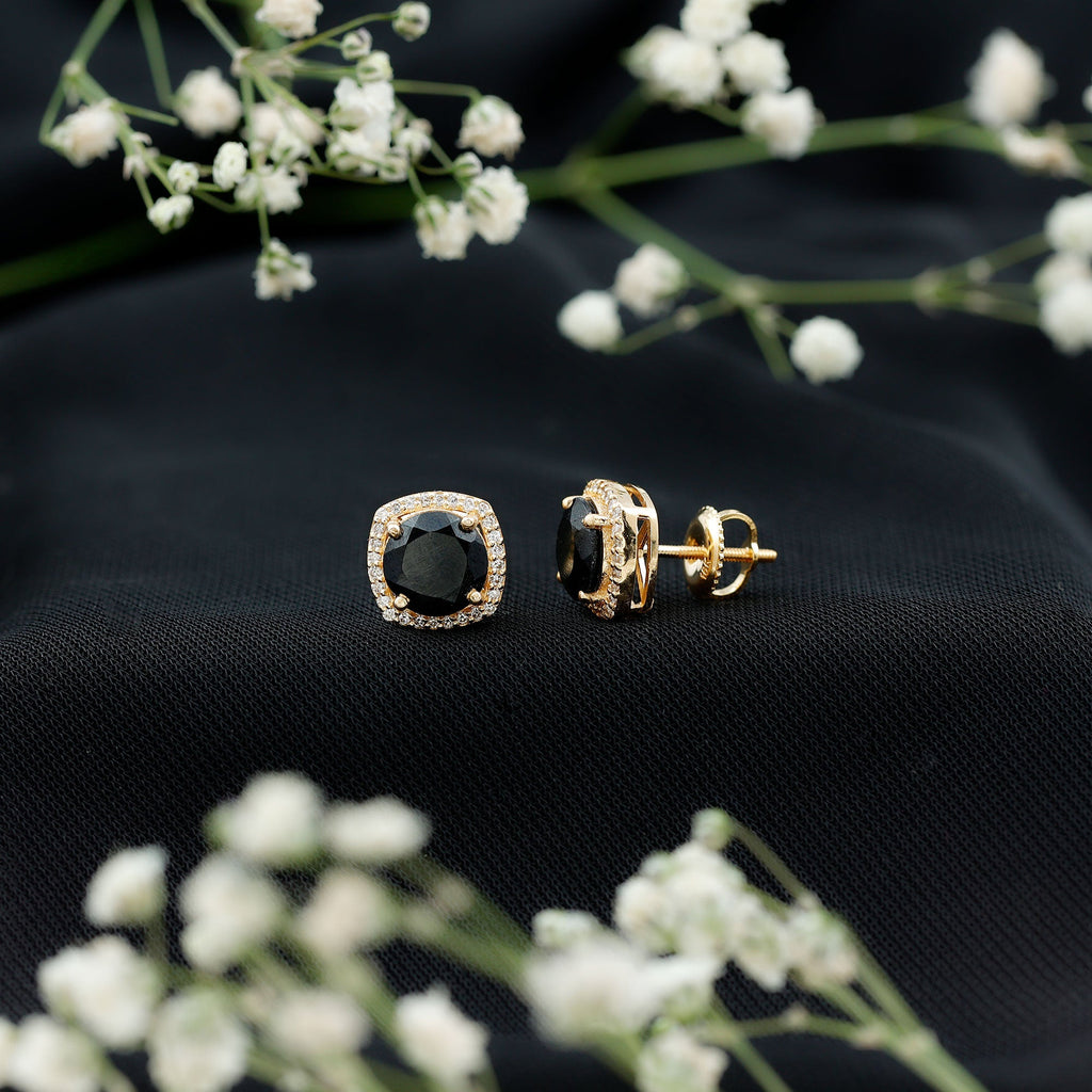 3 Carat Black Spinel Stud Earrings with Diamond Halo