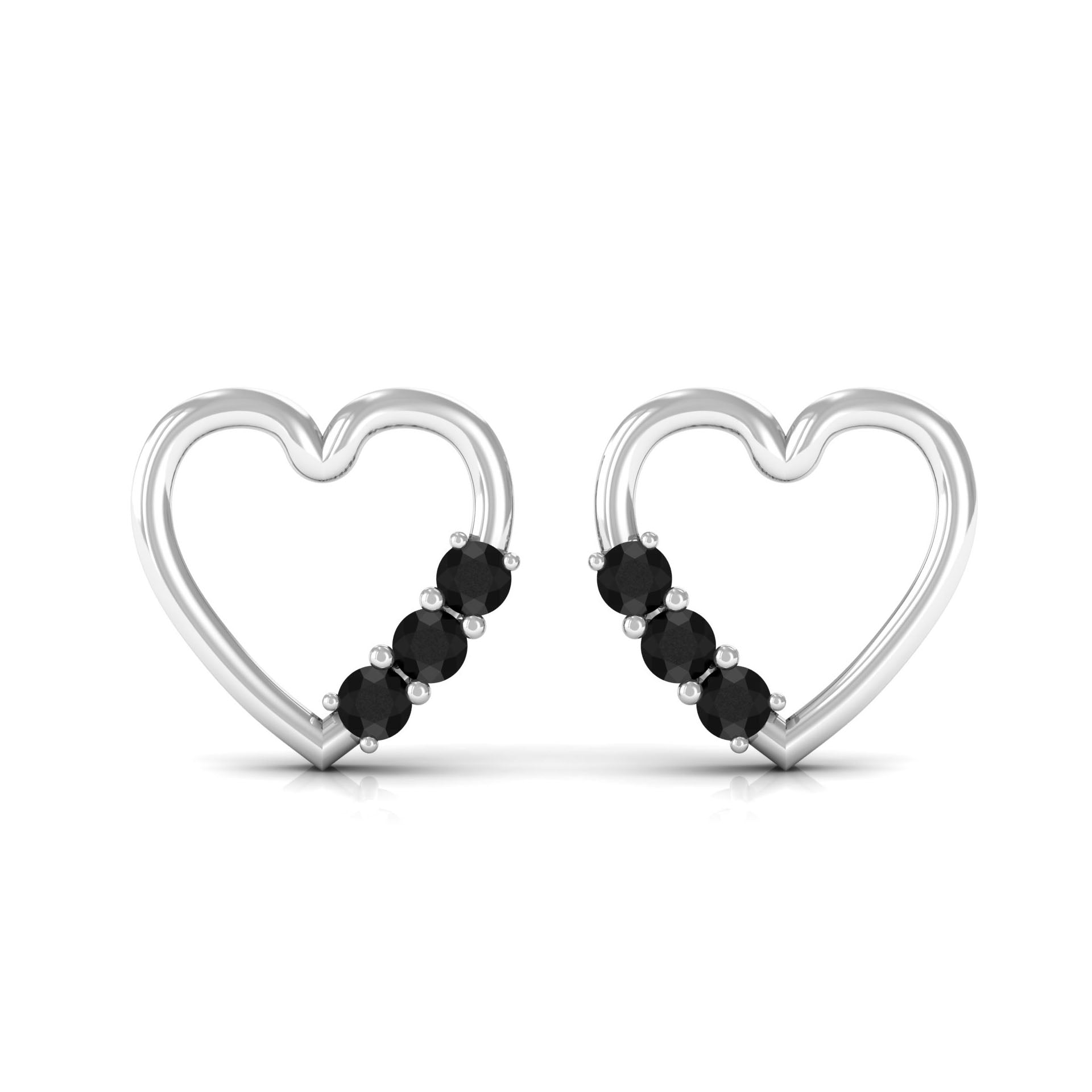 Open Heart Stud Earrings with 3 Lab Created Black Diamonds