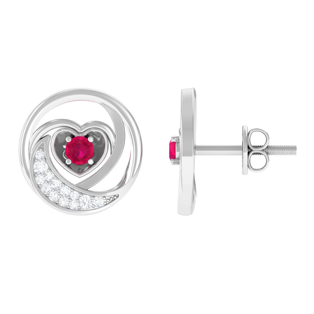 Round Ruby and Diamond Heart Stud Earrings