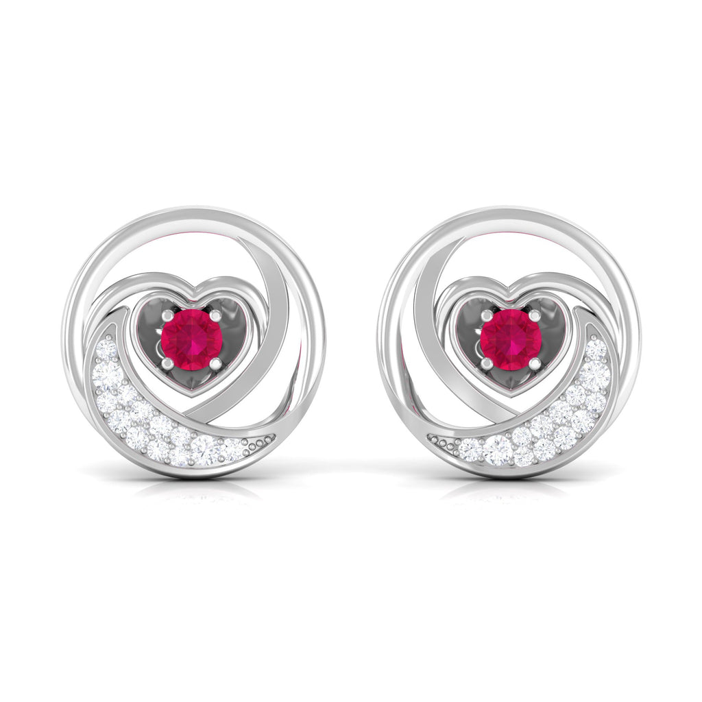 Round Ruby and Diamond Heart Stud Earrings
