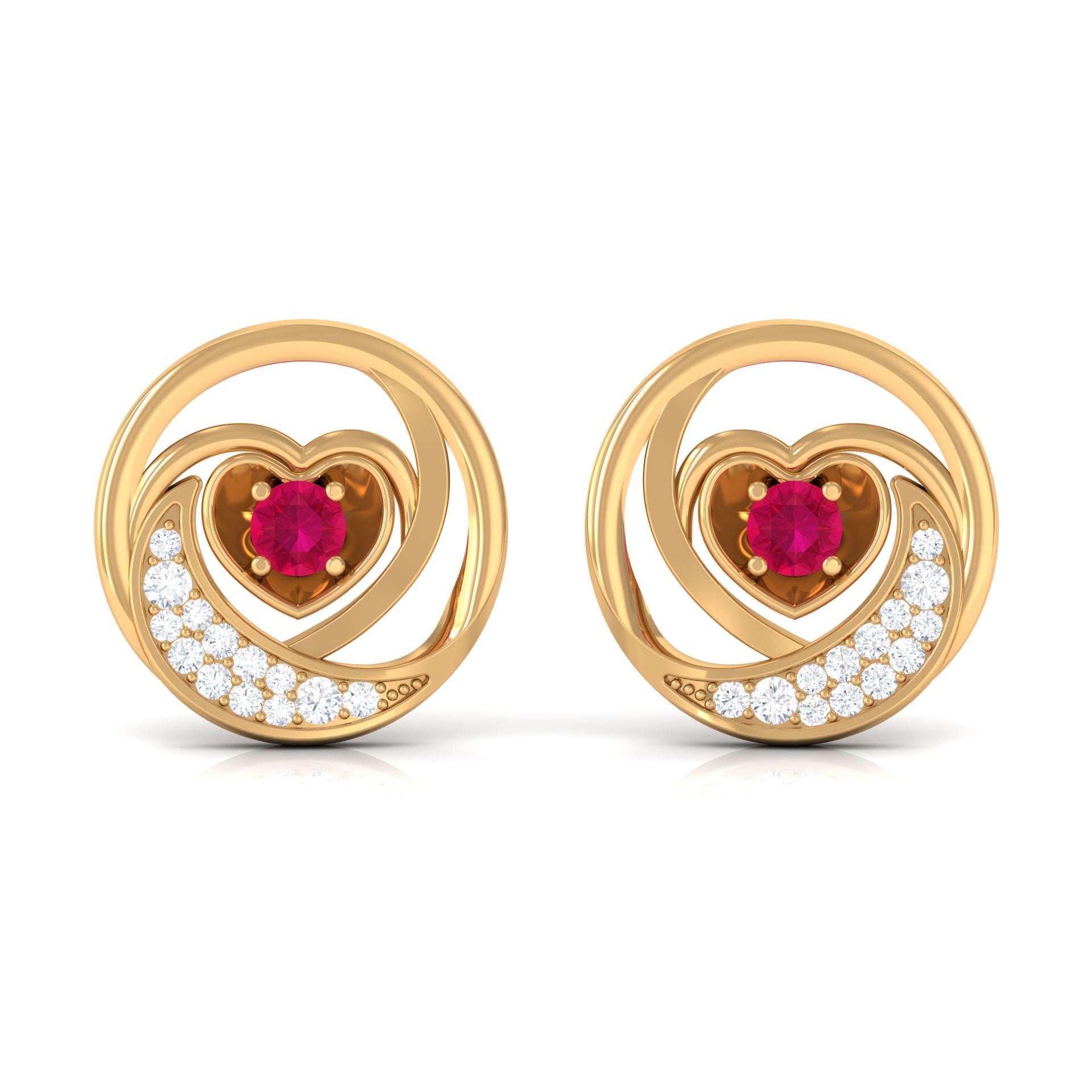 Round Ruby and Diamond Heart Stud Earrings