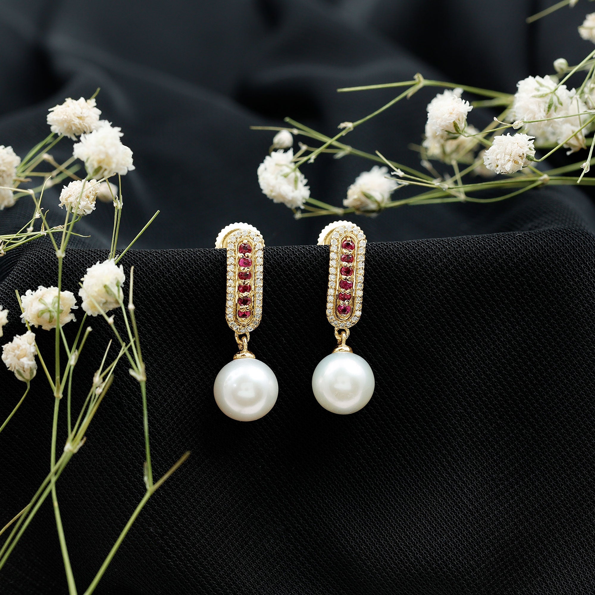 Pearl Bridal Earrings with Ruby and Diamond
