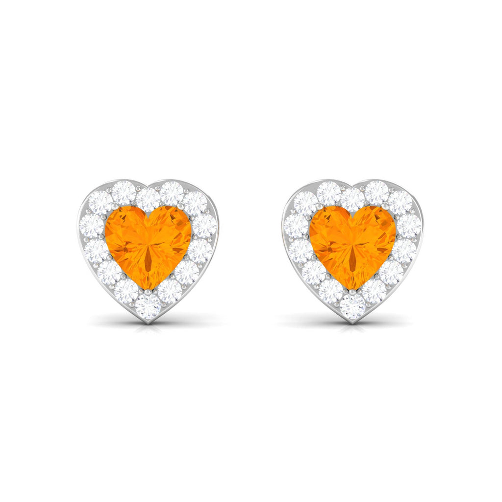 Heart Shape Fire Opal Halo Stud Earrings with Diamond