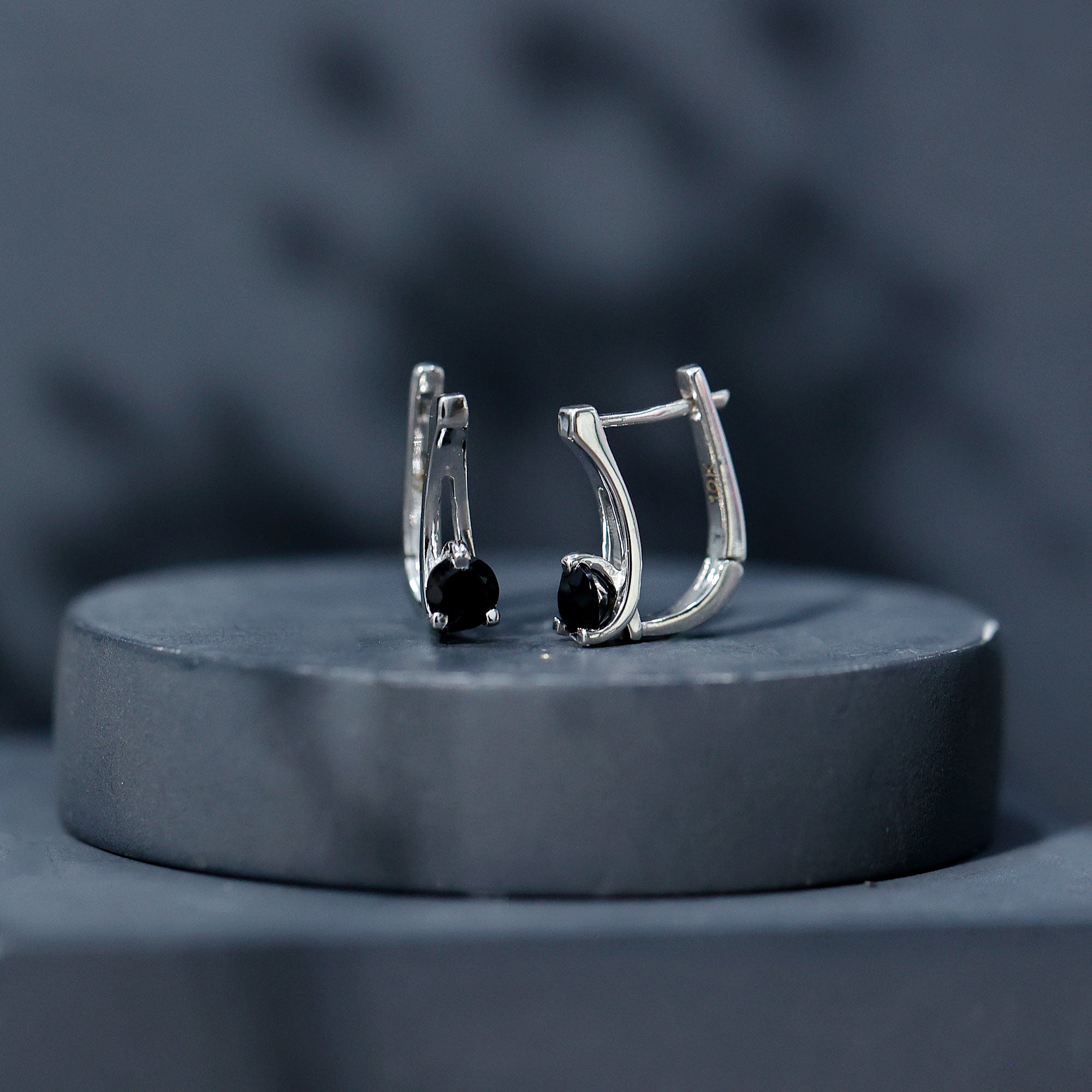 Natural Black Onyx J Hoop Earrings with Latch Back